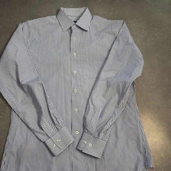 David Donahue Blue & White Striped Button-Up Shirt – Size 36/37 - Picture 3 of 12